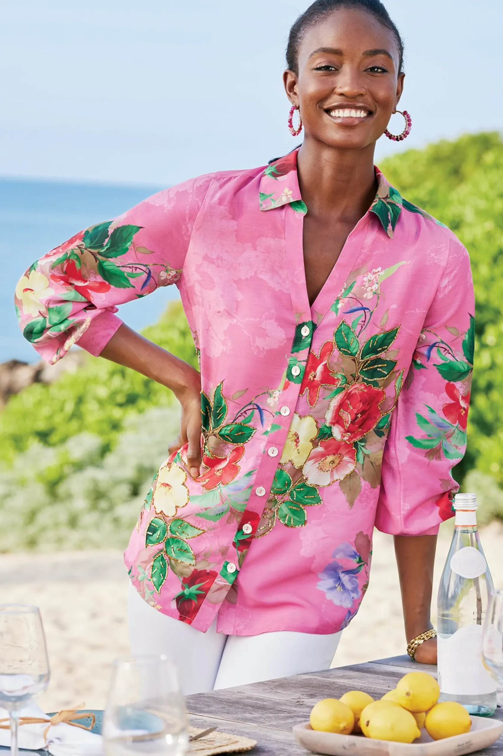 petites_danica_embellishe_3.webp The Floral Shop-Soft Surroundings Petites Danica Embellished Shirt Red/Pink Floral
