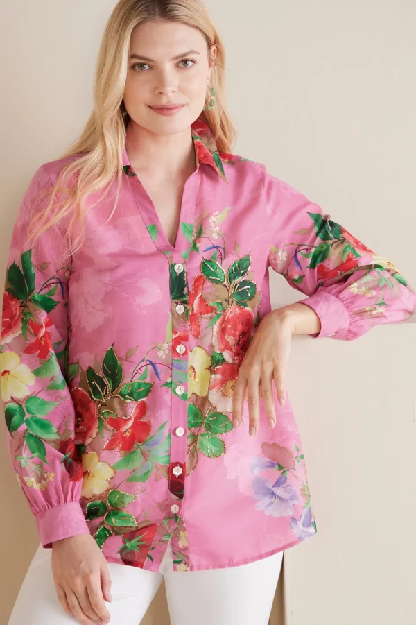The Floral Shop-Soft Surroundings Petites Danica Embellished Shirt Red/Pink Floral