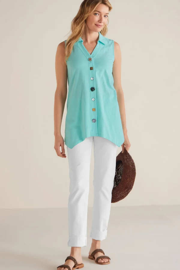 Everyday Styles-Soft Surroundings Petites Danielle Button Tank Aqua Splash