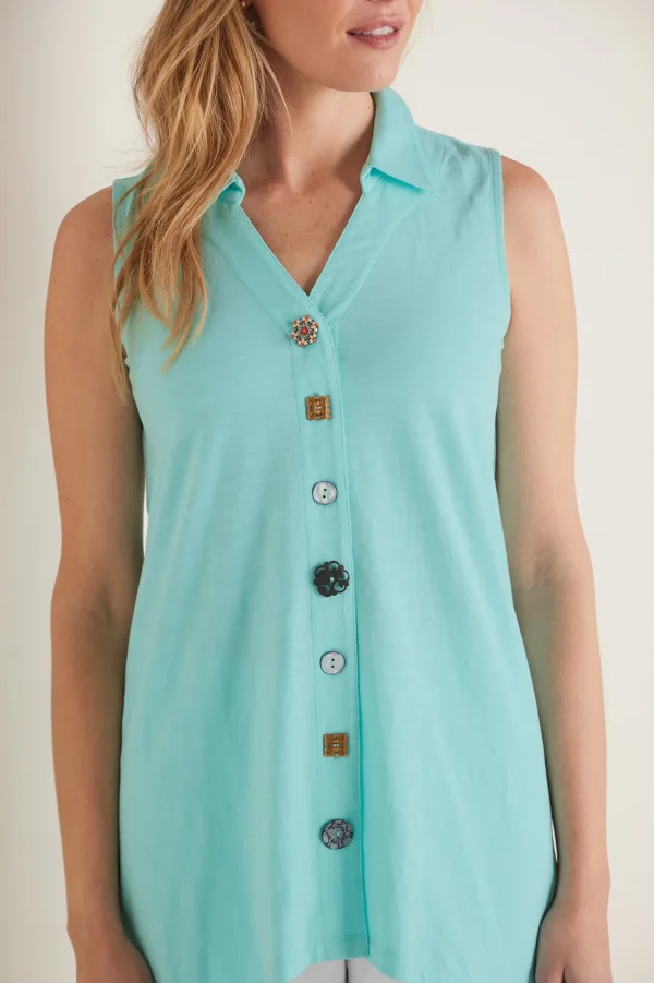 Everyday Styles-Soft Surroundings Petites Danielle Button Tank Aqua Splash