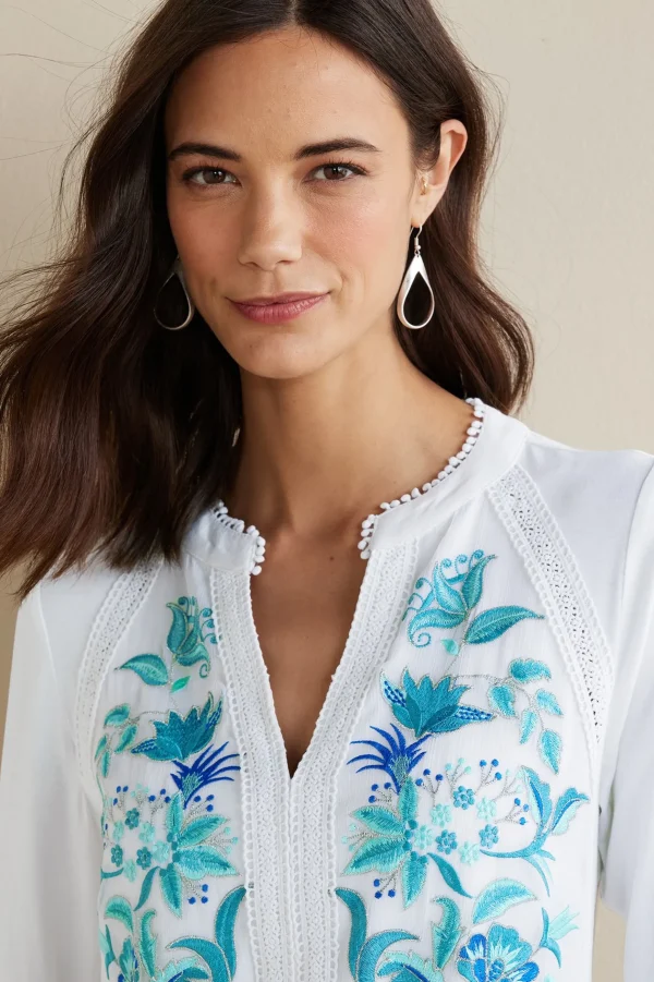 Into The Blues | The Floral Shop-Soft Surroundings Petites Delsie Embroidered Top White