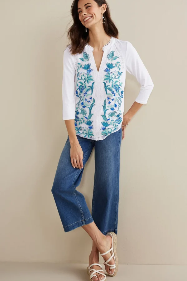 Into The Blues | The Floral Shop-Soft Surroundings Petites Delsie Embroidered Top White