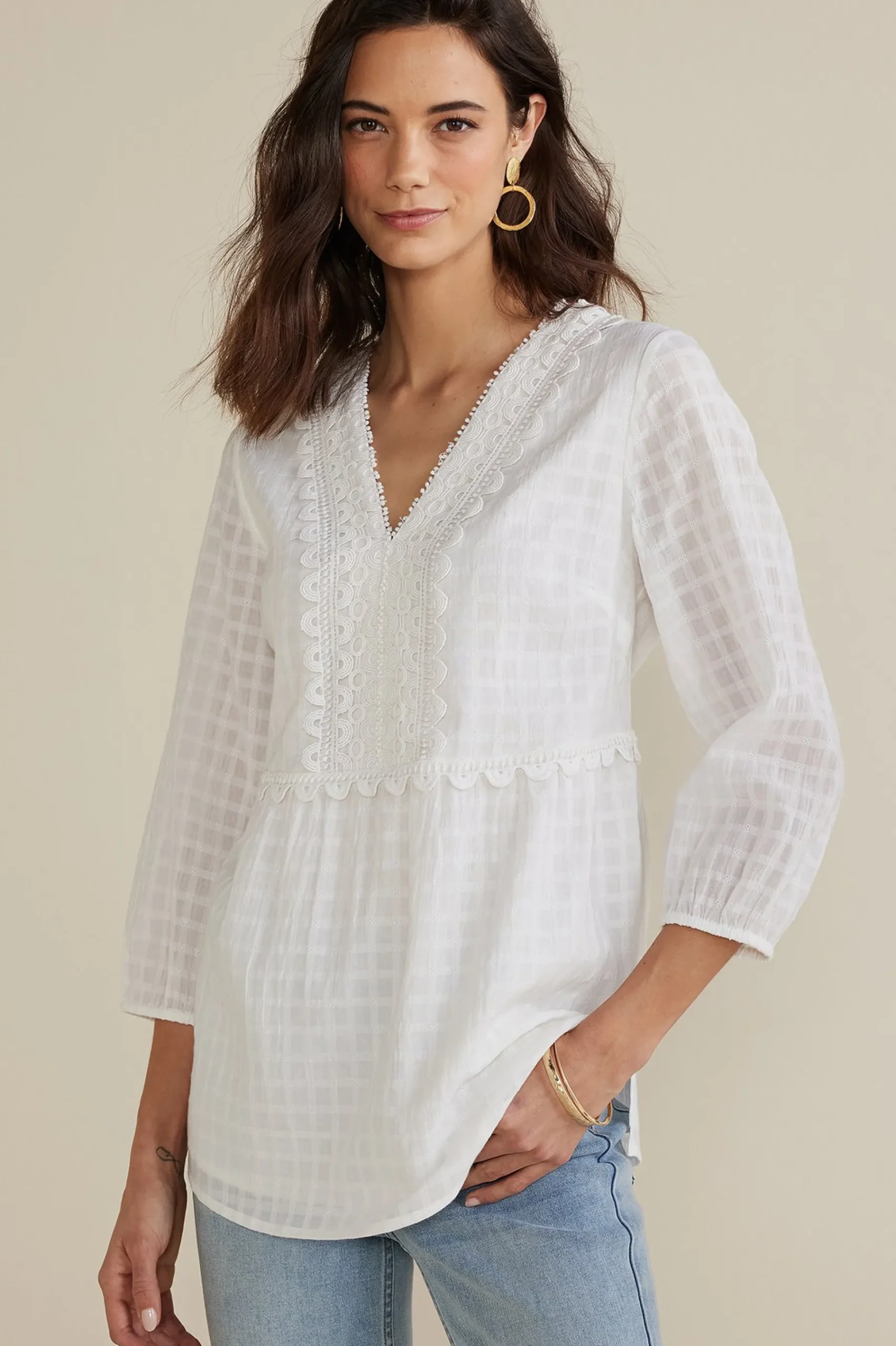 petites_elodie_windowpane_0.webp Gauze Shop-Soft Surroundings Petites Elodie Windowpane Gauze Top Navy