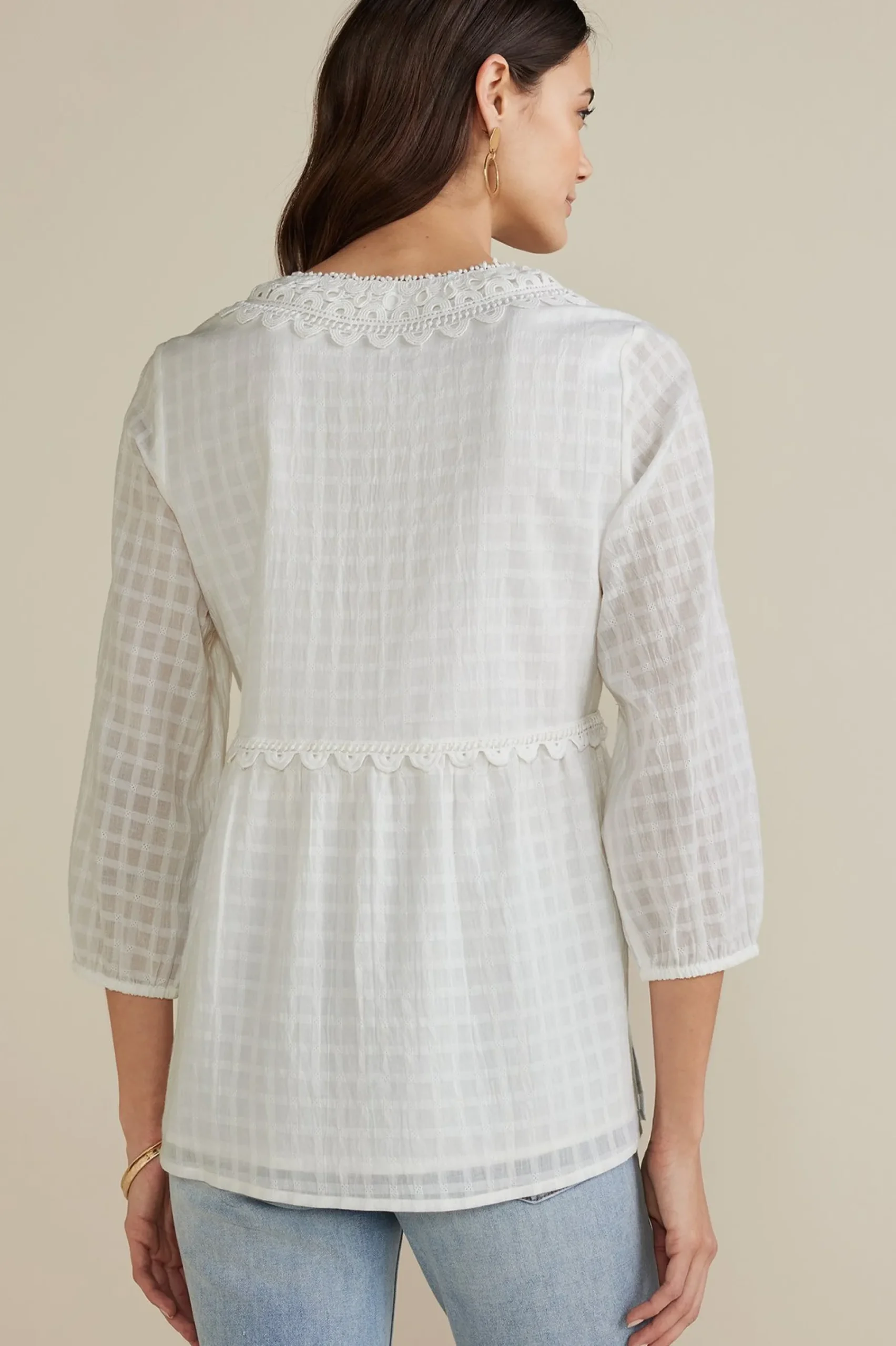petites_elodie_windowpane_1.webp Gauze Shop-Soft Surroundings Petites Elodie Windowpane Gauze Top Navy
