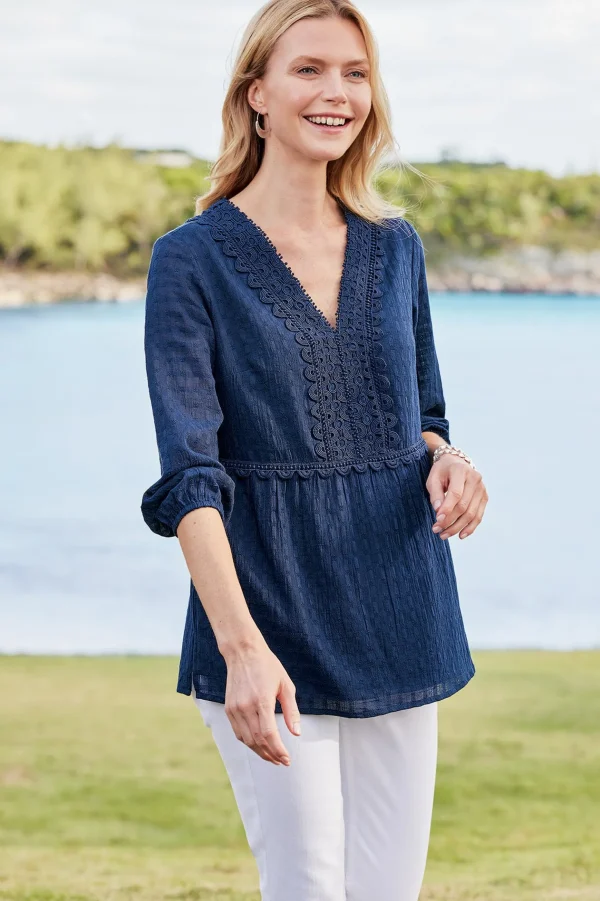 Gauze Shop-Soft Surroundings Petites Elodie Windowpane Gauze Top Navy