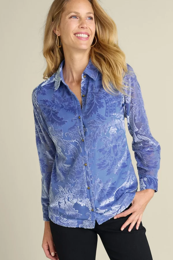 Feminine Flourish | Into The Blues-Soft Surroundings Petites Floreat Velvet Shirt Sapphire