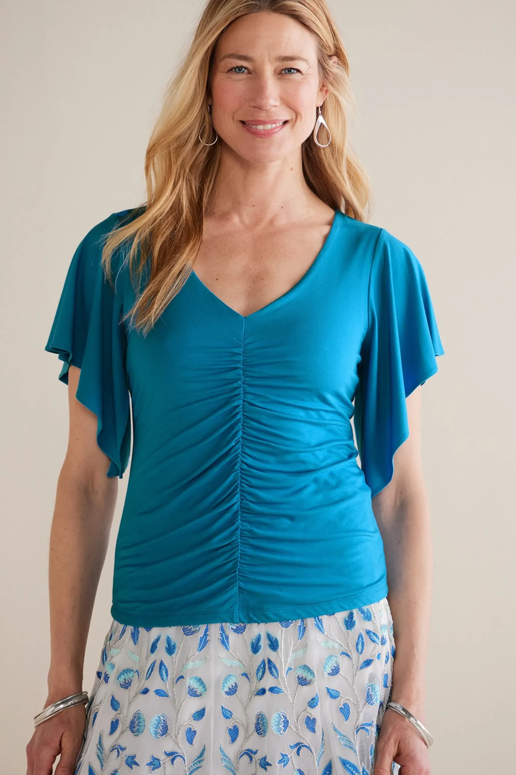 petites_leya_ruched_top_0.webp Feminine Flourish | Into The Blues-Soft Surroundings Petites Leya Ruched Top Swedish Blue