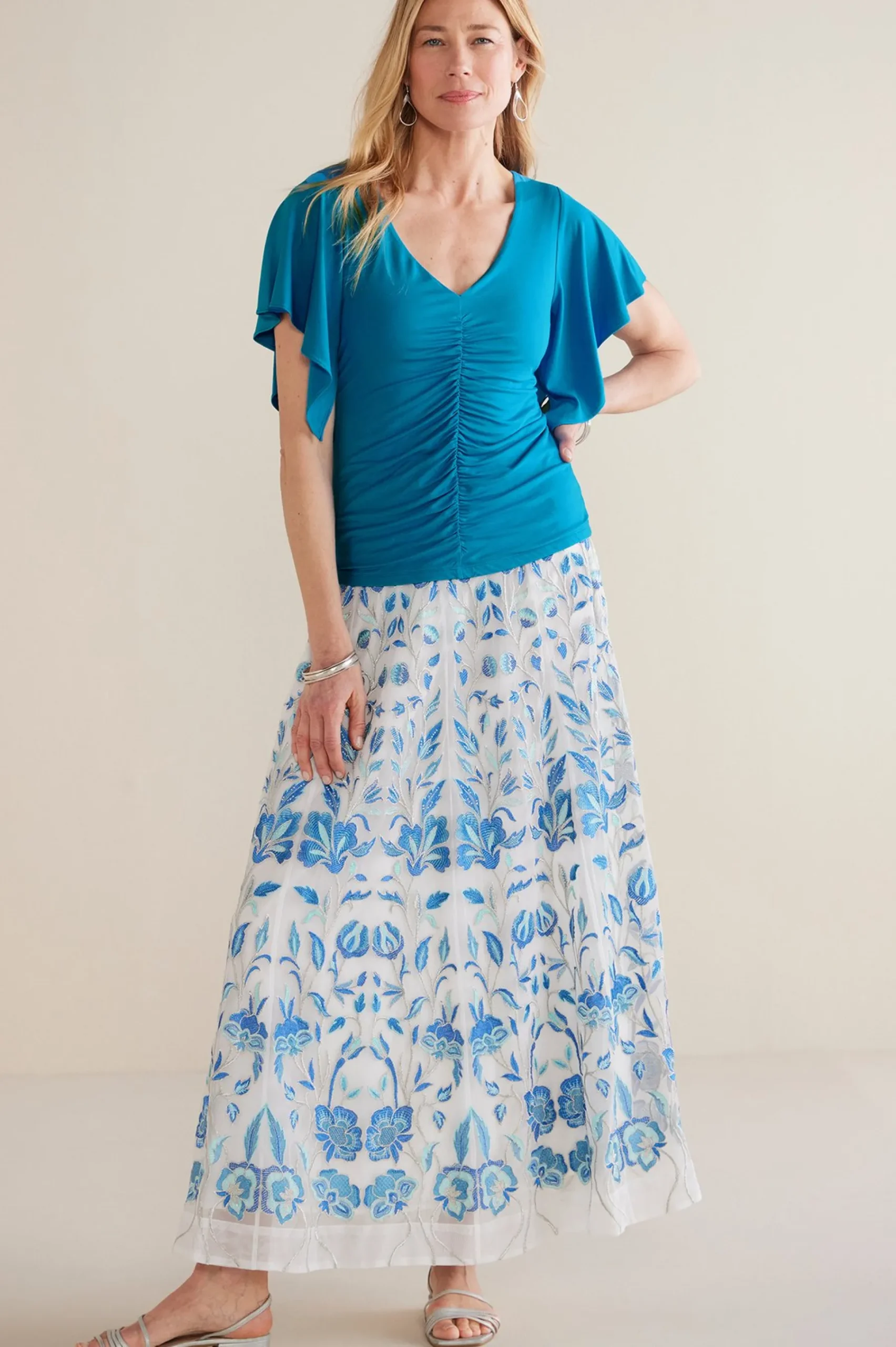 petites_leya_ruched_top_1.webp Feminine Flourish | Into The Blues-Soft Surroundings Petites Leya Ruched Top Swedish Blue