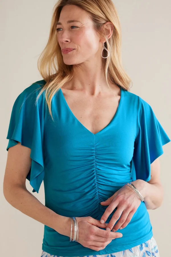 Feminine Flourish | Into The Blues-Soft Surroundings Petites Leya Ruched Top Swedish Blue