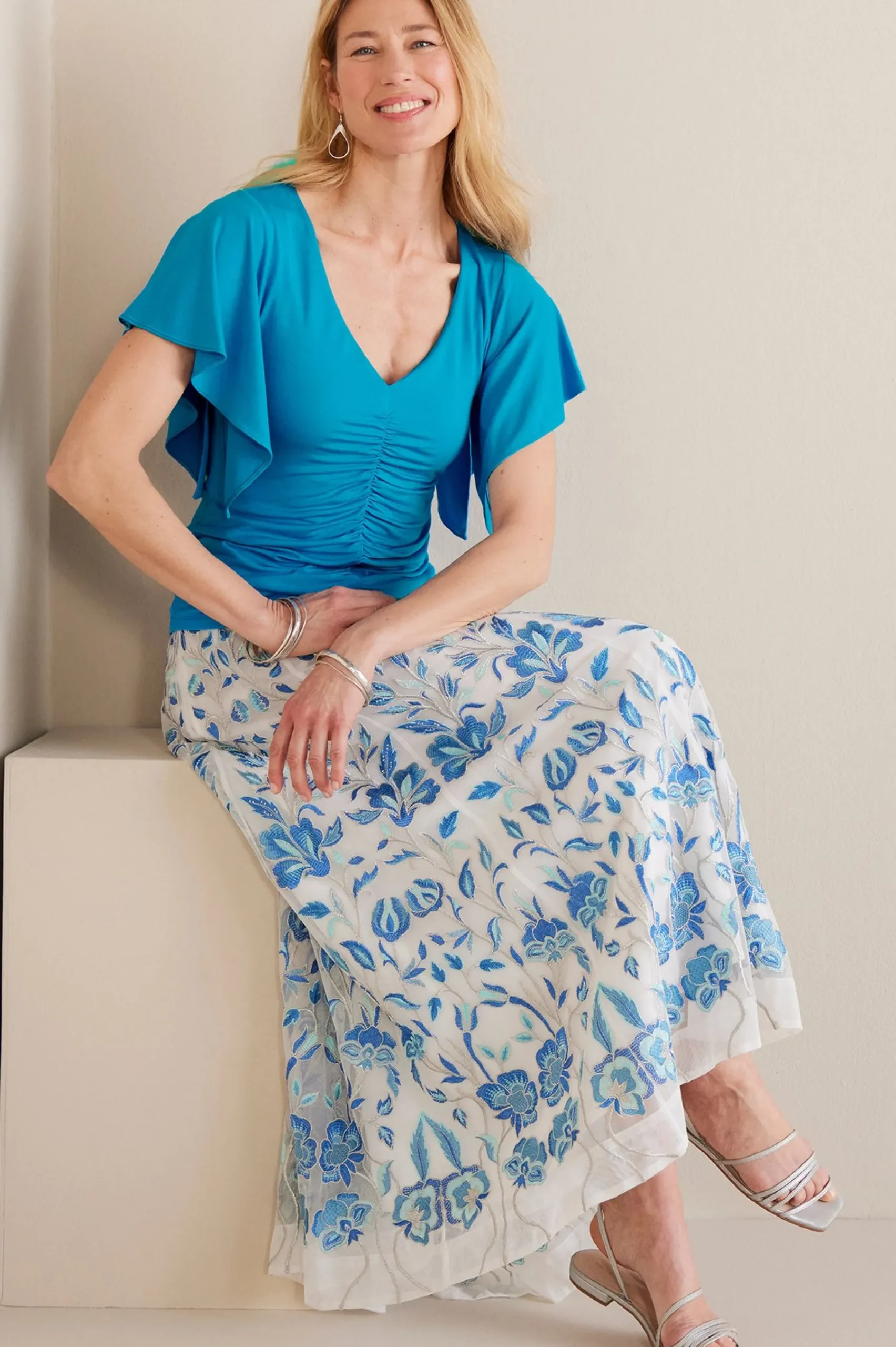 petites_leya_ruched_top_5.webp Feminine Flourish | Into The Blues-Soft Surroundings Petites Leya Ruched Top Swedish Blue