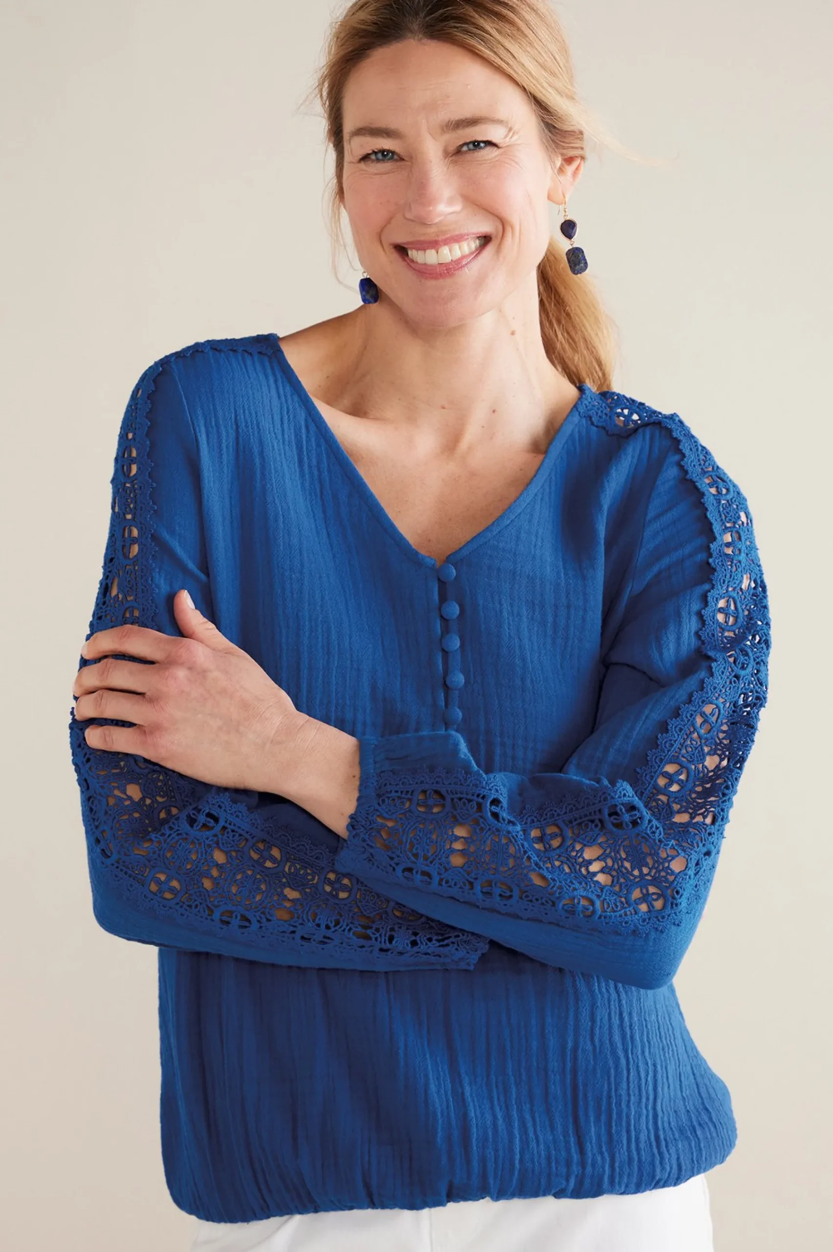 petites_melinda_gauze__cr_0.webp Feminine Flourish | Into The Blues-Soft Surroundings Petites Melinda Gauze & Crochet Top Sapphire
