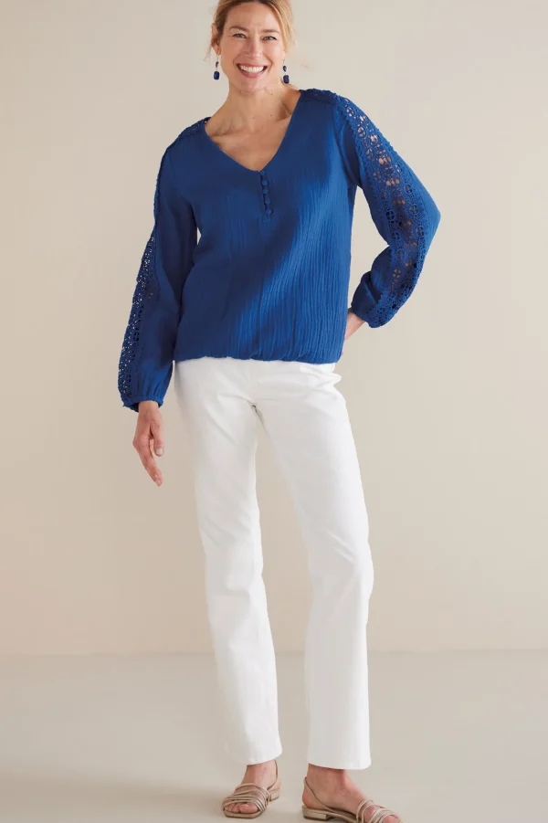 Feminine Flourish | Into The Blues-Soft Surroundings Petites Melinda Gauze & Crochet Top Sapphire