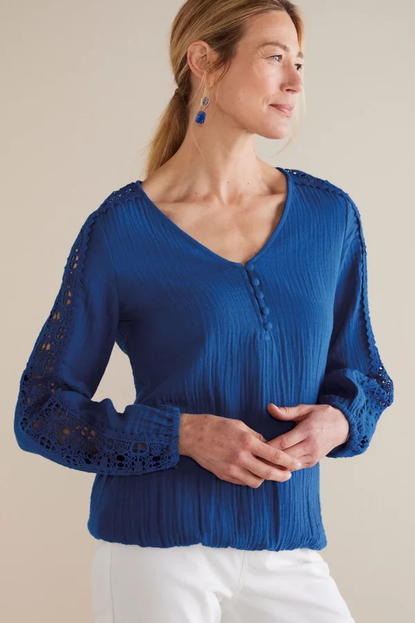 Feminine Flourish | Into The Blues-Soft Surroundings Petites Melinda Gauze & Crochet Top Sapphire