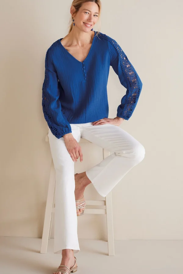 Feminine Flourish | Into The Blues-Soft Surroundings Petites Melinda Gauze & Crochet Top Sapphire