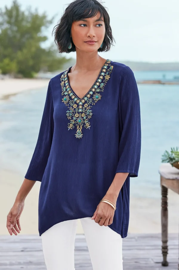 Feminine Flourish | Into The Blues-Soft Surroundings Petites Paulina Gauze Pullover Navy