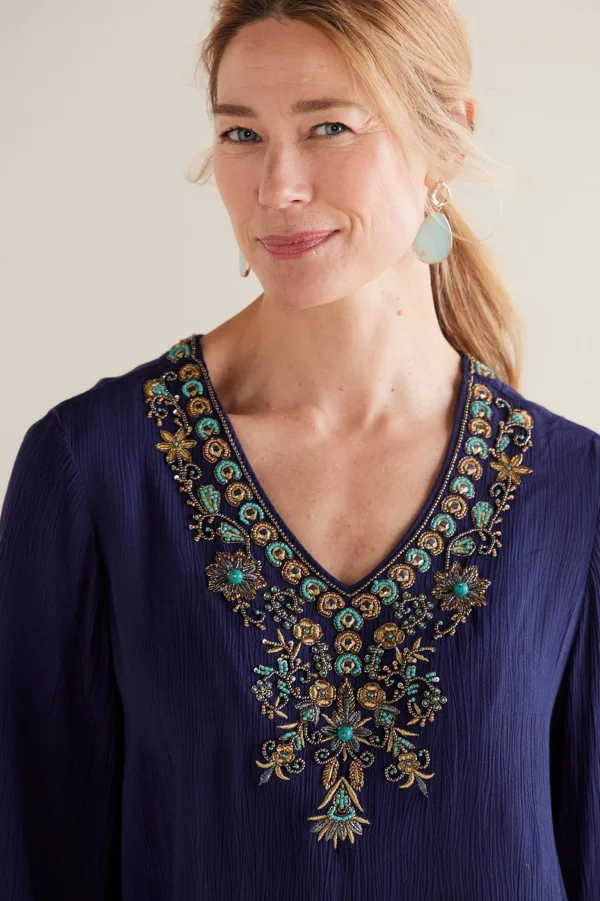 Feminine Flourish | Into The Blues-Soft Surroundings Petites Paulina Gauze Pullover Navy