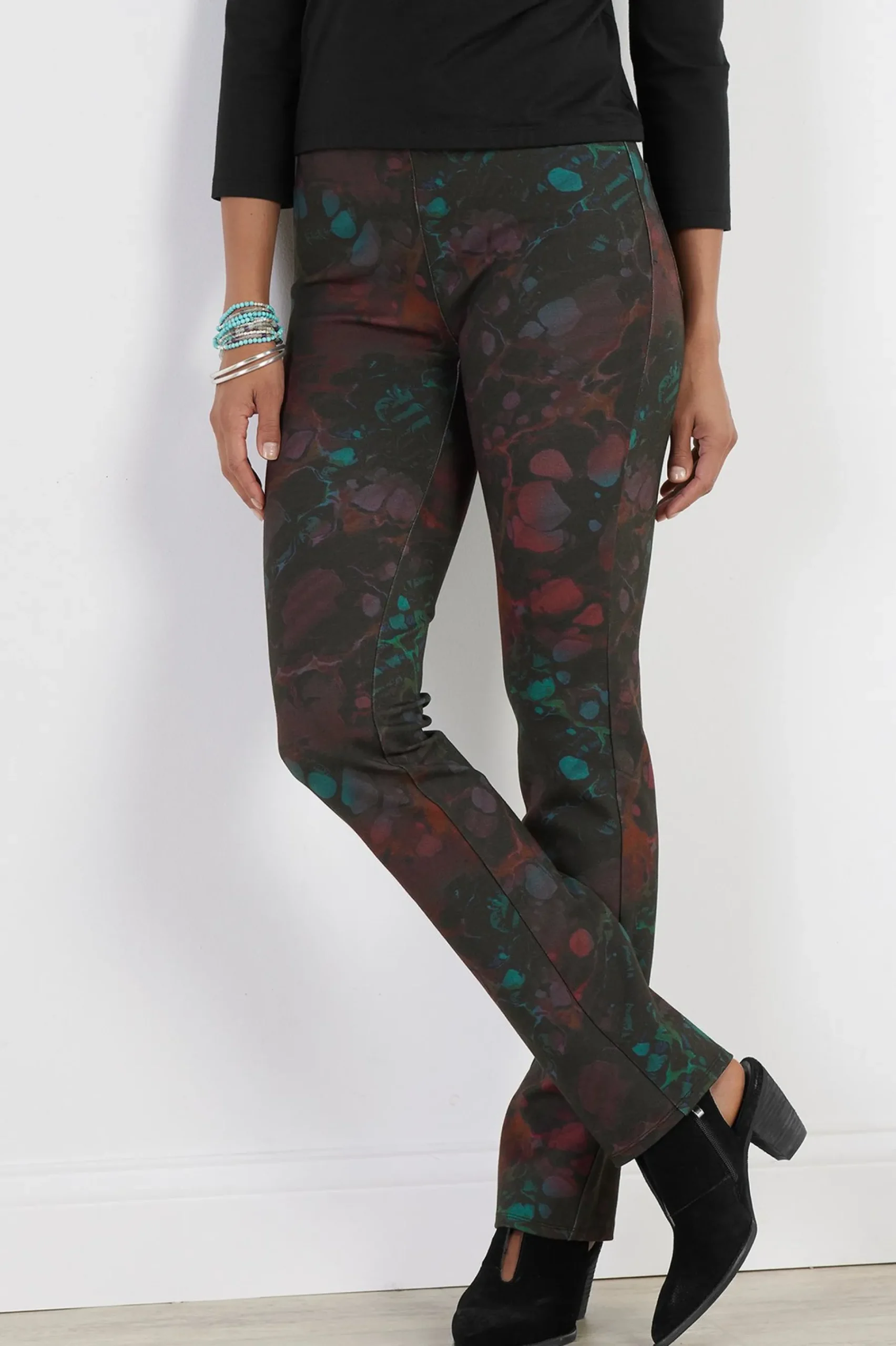 petites_perfect_ponte_mar_0.webp full length | straight-Soft Surroundings Petites Perfect Ponte Marbled Pull-On Straight Leg Pants Raine Multi