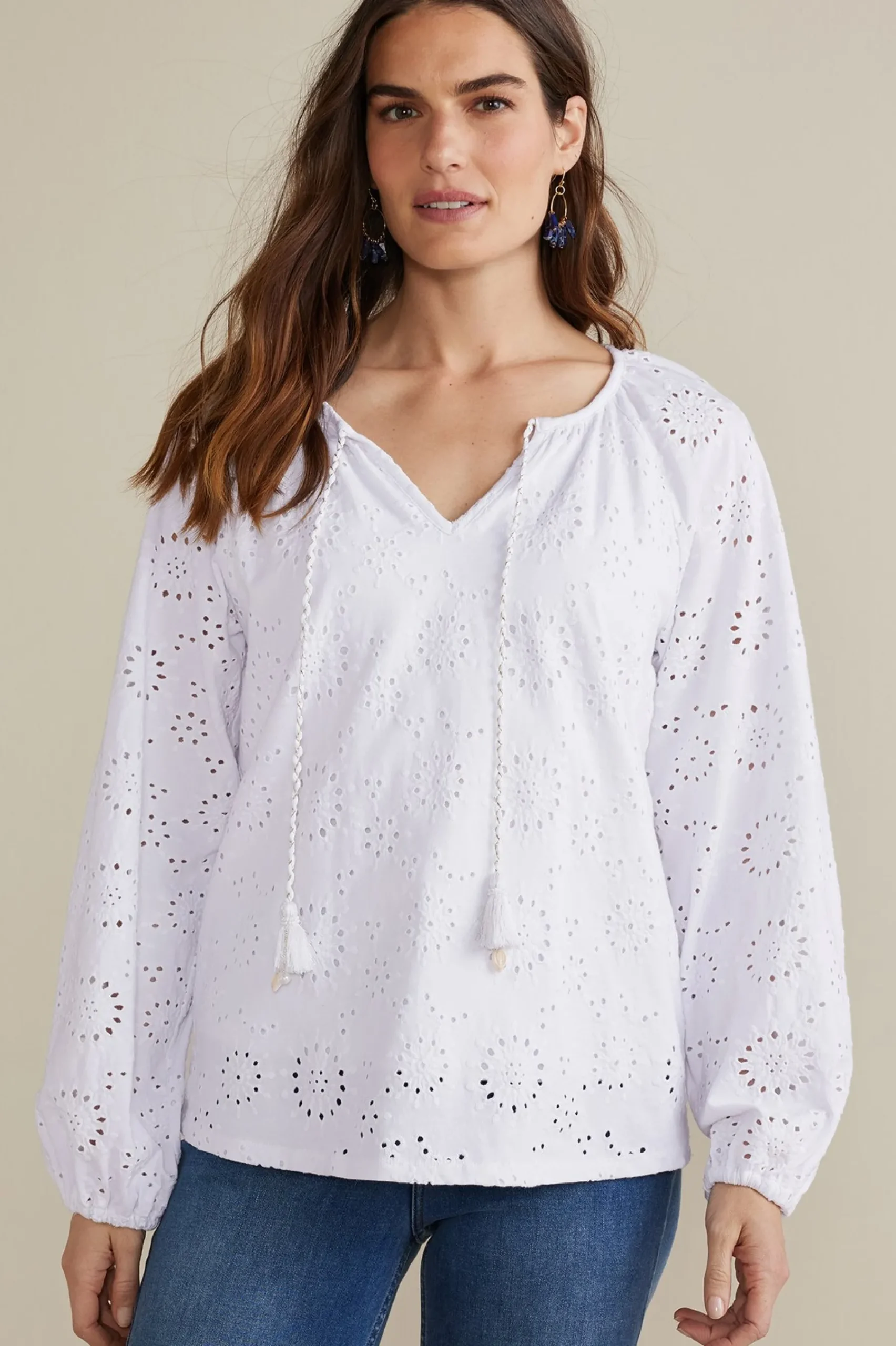 petites_rhiannon_eyelet_p_0.webp Feminine Flourish | Global Artistry-Soft Surroundings Petites Rhiannon Eyelet Peasant Top White