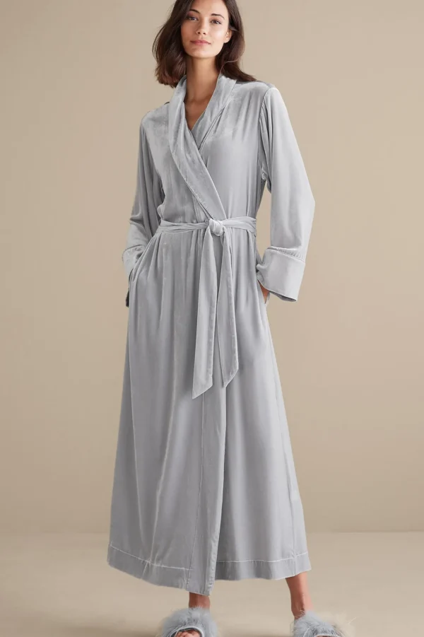 Sleepwear & Lounge-Soft Surroundings Petites Silk Velvet Robe Platinum Grey