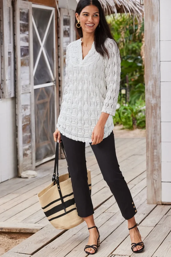 three quarter length | pullovers-Soft Surroundings Priya Knit Lace Tunic White