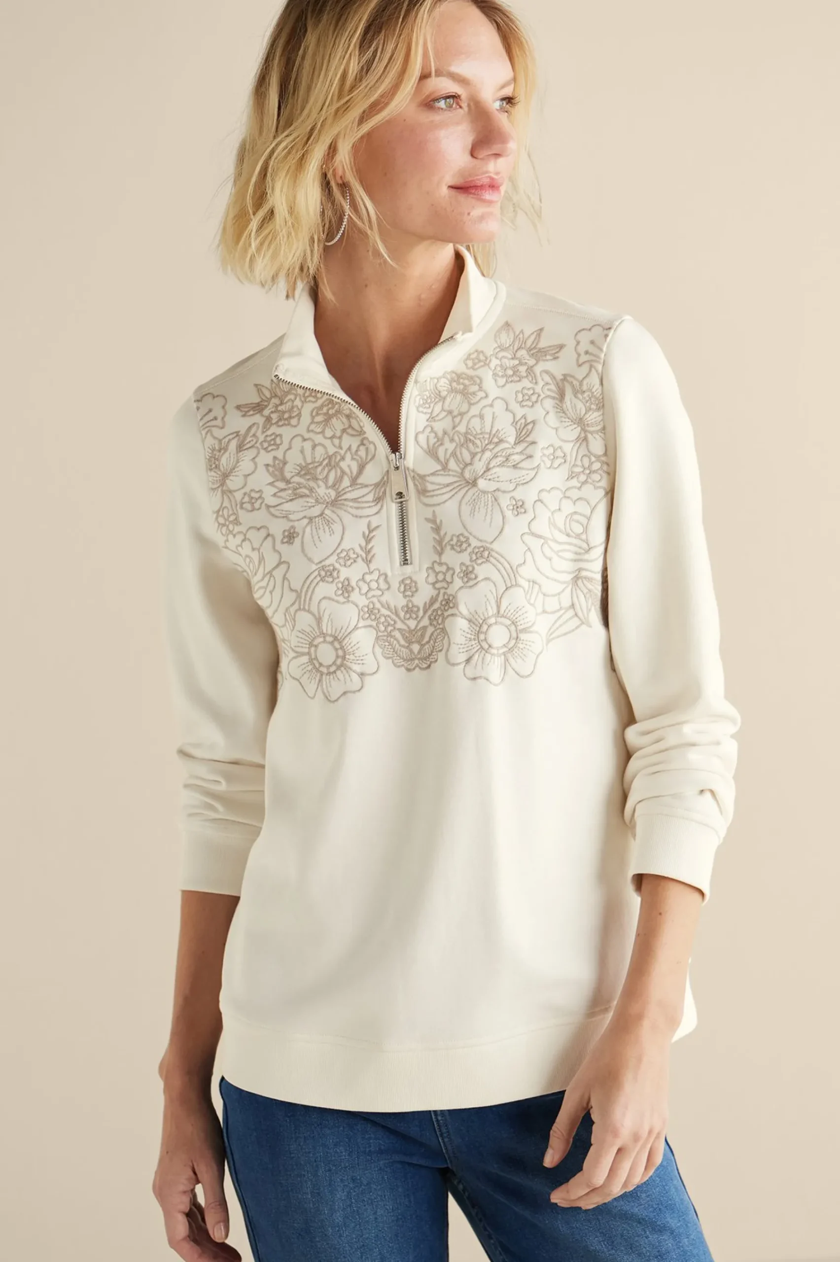 rochelle_embroidered_fren_5.webp Feminine Flourish | Wear Now Styles-Soft Surroundings Rochelle Embroidered French Terry Pullover Ivory Pearl