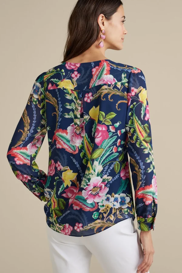Feminine Flourish | Vacation Shop-Soft Surroundings Samantha Georgette Top Navy Paisley