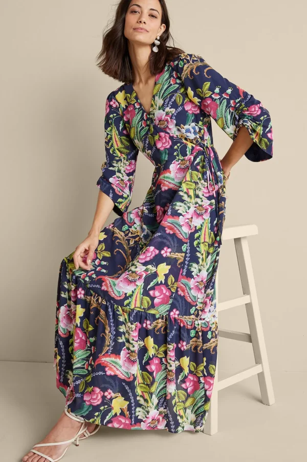 Feminine Flourish | vacation dresses-Soft Surroundings Samantha Maxi Dress Navy Paisley