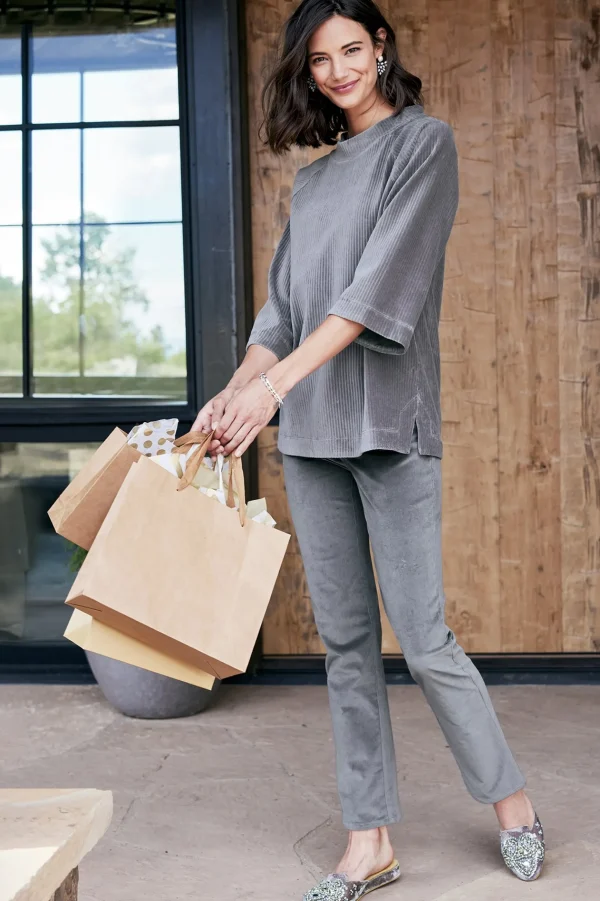 Everyday Styles | three quarter length-Soft Surroundings Samina Corduroy Pullover Shoreline Grey