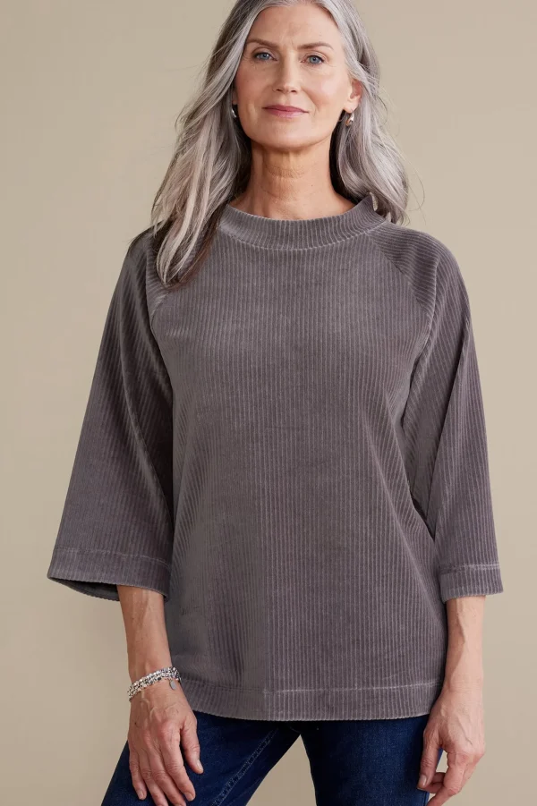 Everyday Styles | three quarter length-Soft Surroundings Samina Corduroy Pullover Shoreline Grey