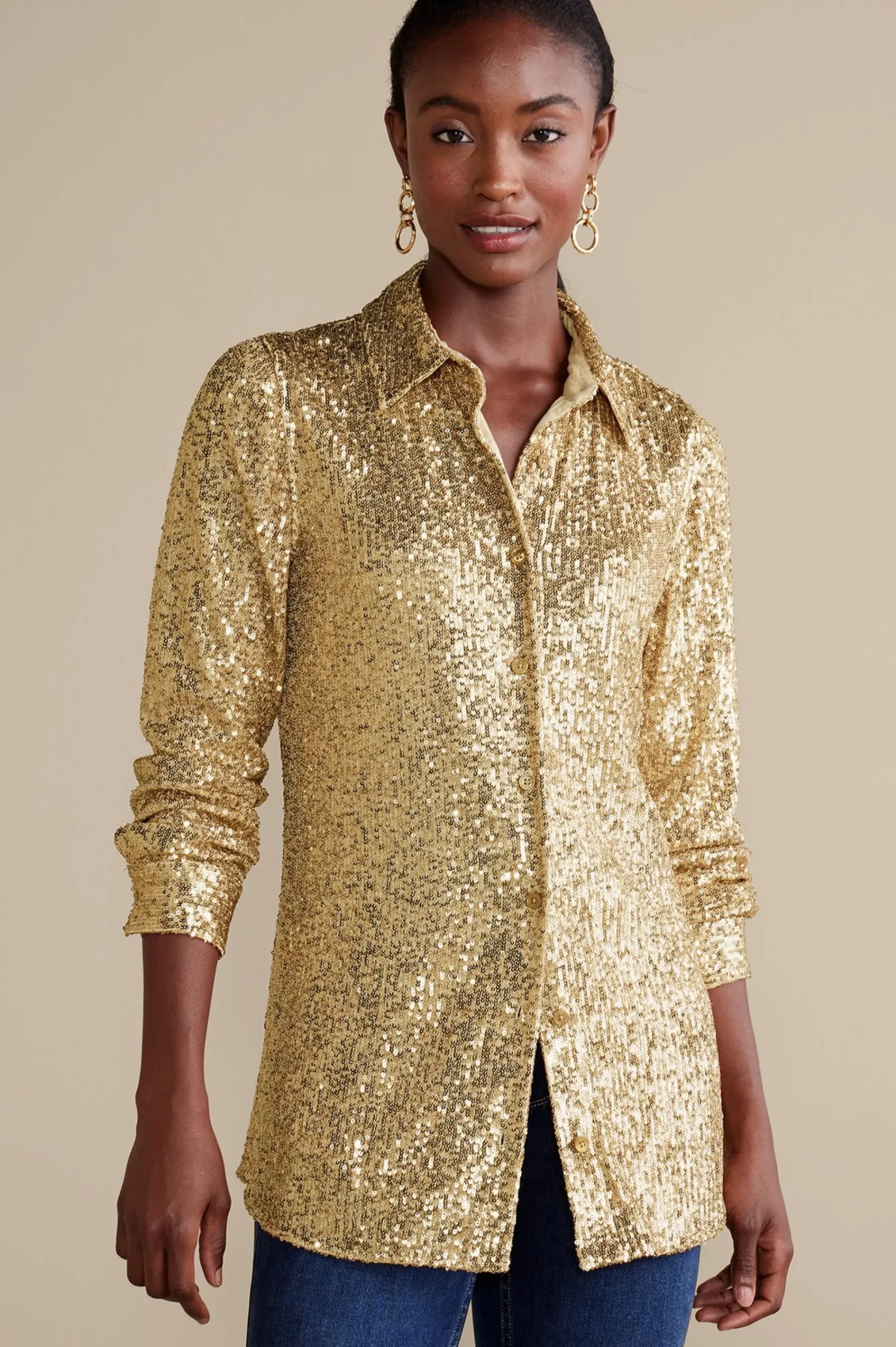 sancerre_sequin_shirt_5.webp Feminine Flourish | long sleeve-Soft Surroundings Sancerre Sequin Shirt Gold Sequin