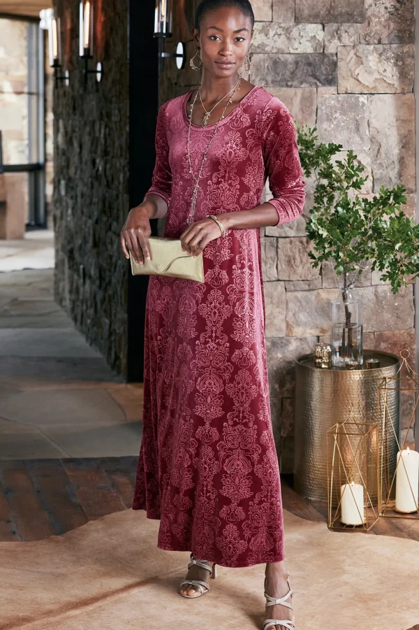 Feminine Flourish | EVelvet Styles-Soft Surroundings Santiago Embossed Velvet Dress Cabernet Tapestry