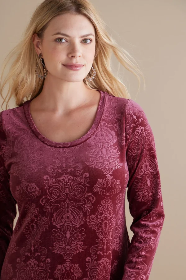 Feminine Flourish | EVelvet Styles-Soft Surroundings Santiago Embossed Velvet Dress Cabernet Tapestry