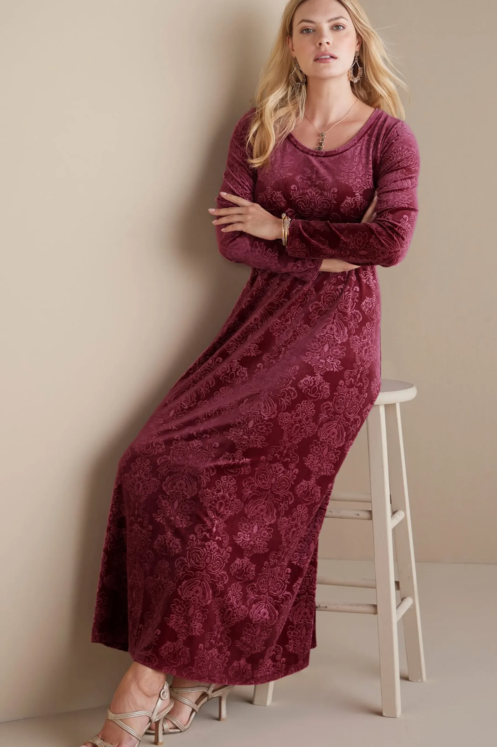 santiago_embossed_velvet__5.webp Feminine Flourish | EVelvet Styles-Soft Surroundings Santiago Embossed Velvet Dress Cabernet Tapestry