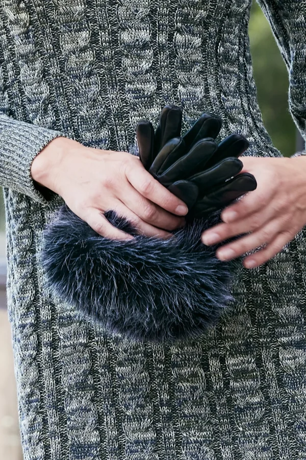 Hats-Soft Surroundings Sasha Faux Fur Leather Gloves Black/Snow