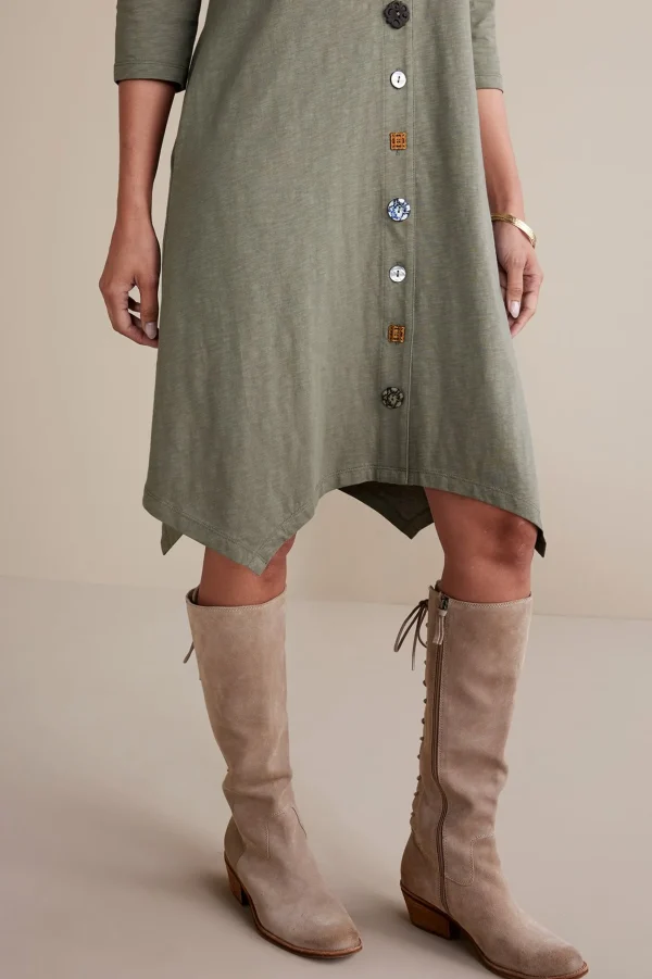 solids | short-Soft Surroundings 3/4 Sleeve Danielle Button Dress Agave Green