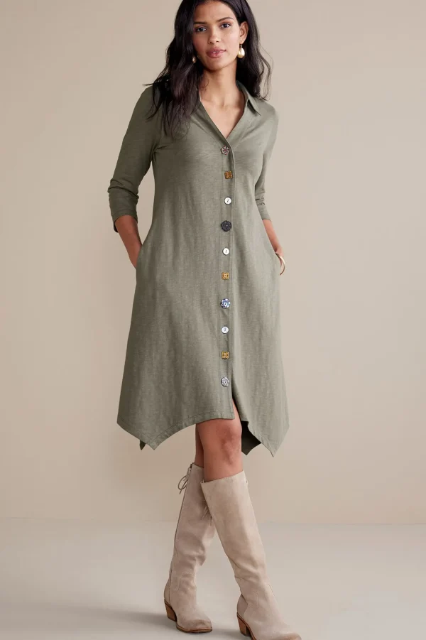 solids | short-Soft Surroundings 3/4 Sleeve Danielle Button Dress Agave Green