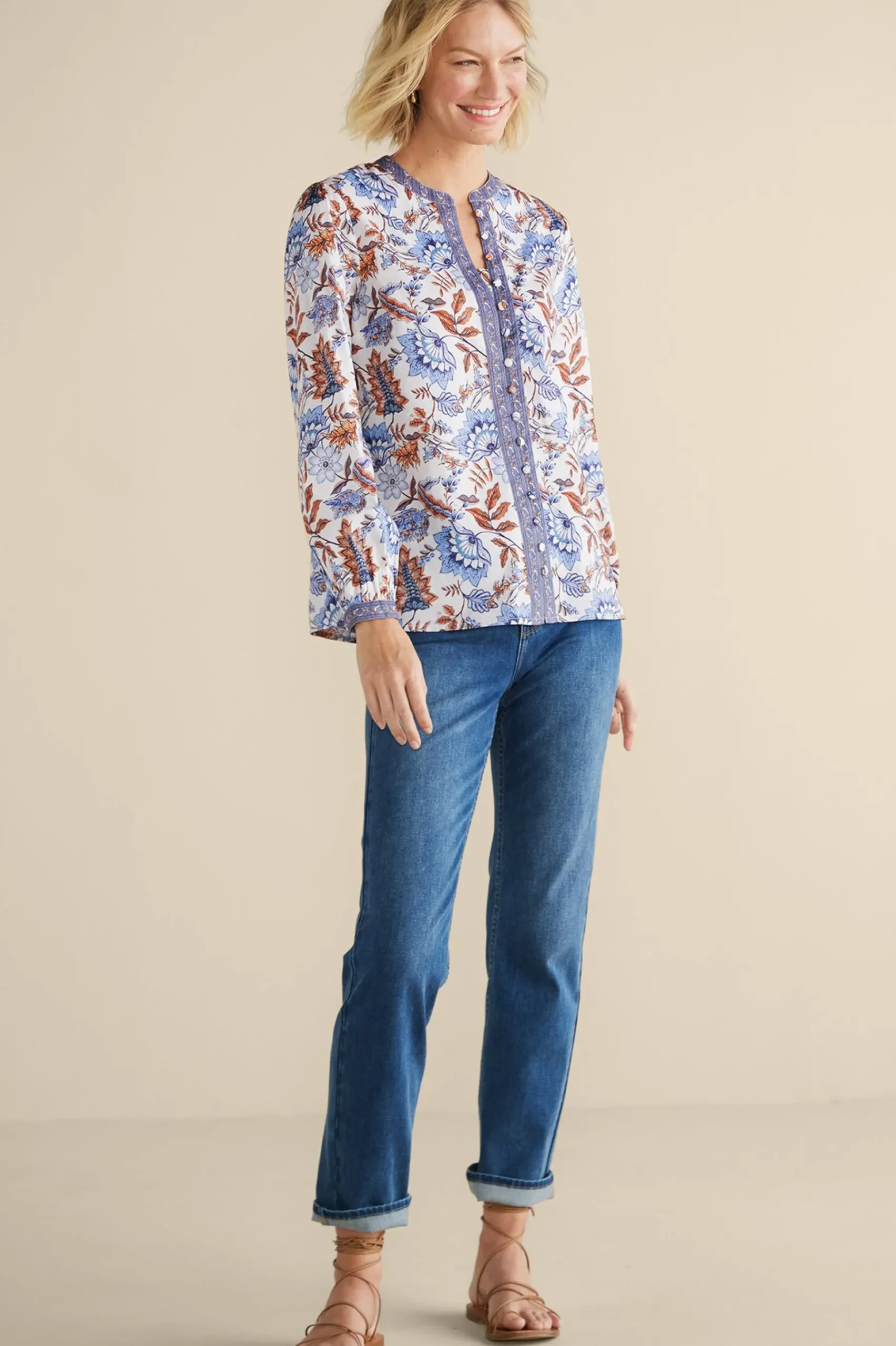 tracy_top_1.webp Feminine Flourish | Into The Blues-Soft Surroundings Tracy Top Chambray Calico