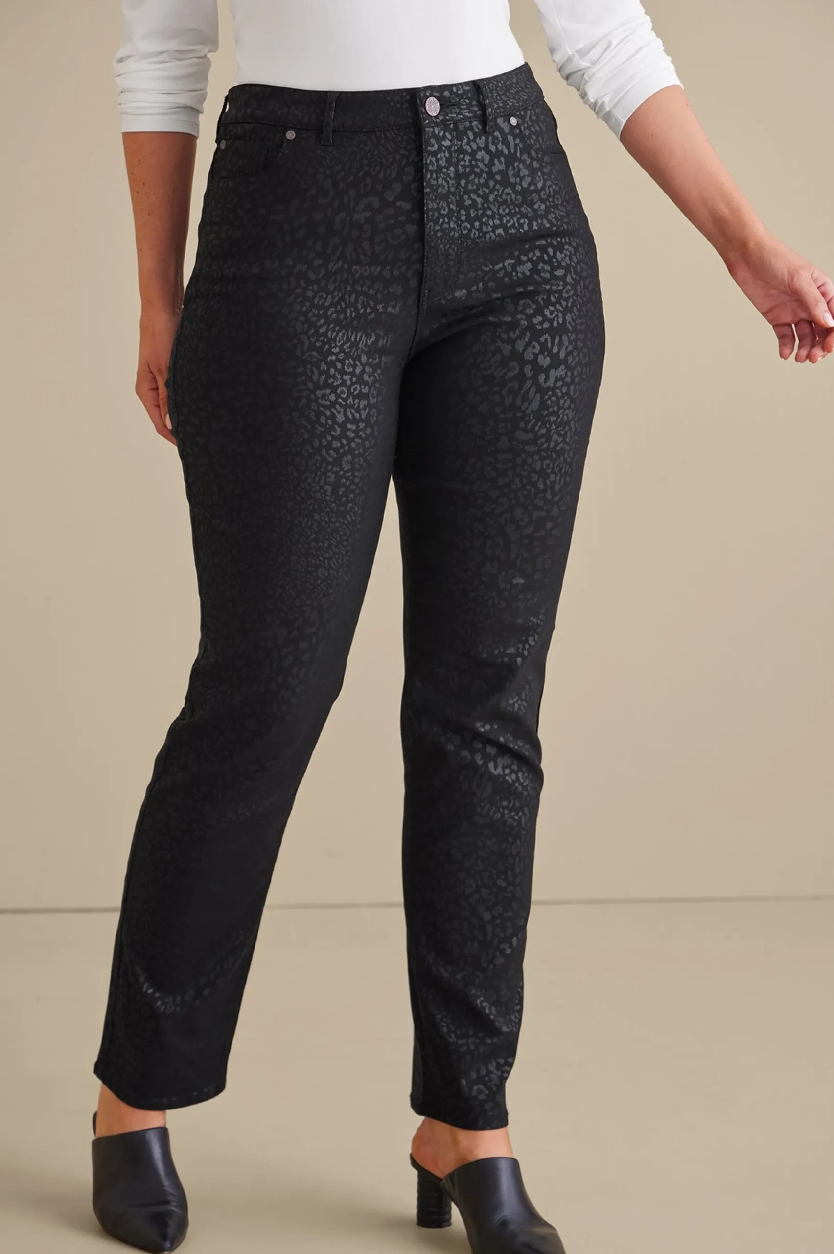 ultimate_denim_animal_str_1.webp leggings | full length-Soft Surroundings Ultimate Denim Animal Straight Leg Jeans Metallic Animal