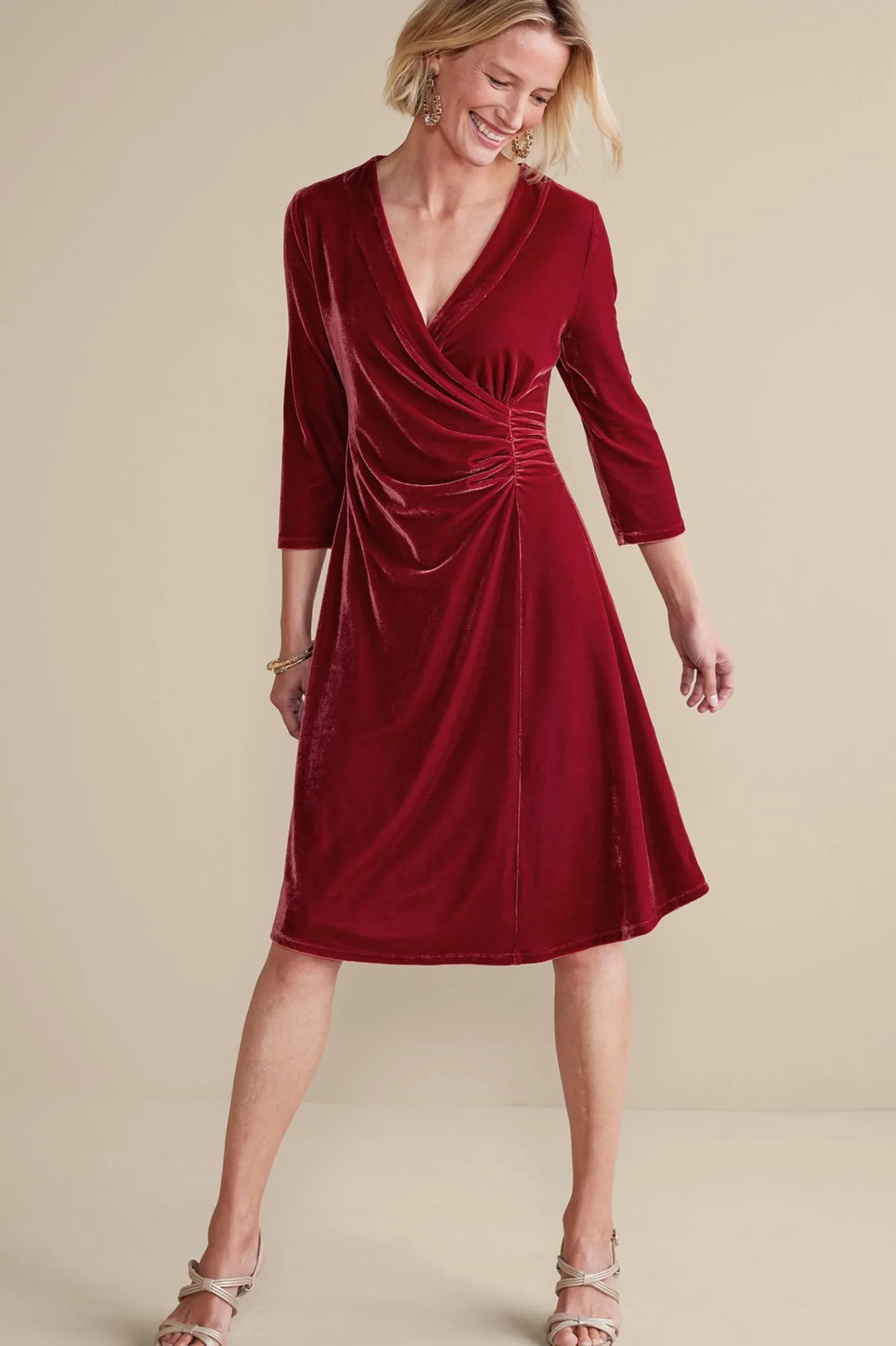 velvet_hyannis_dress_1.webp Feminine Flourish | EVelvet Styles-Soft Surroundings Velvet Hyannis Dress Red Dahlia
