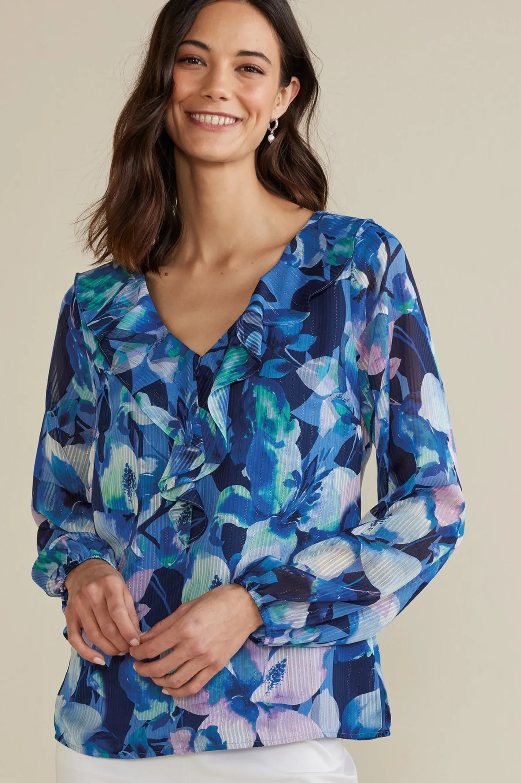 xenia_ruffle_top_0.webp Feminine Flourish | long sleeve-Soft Surroundings Xenia Ruffle Top Purple Floral