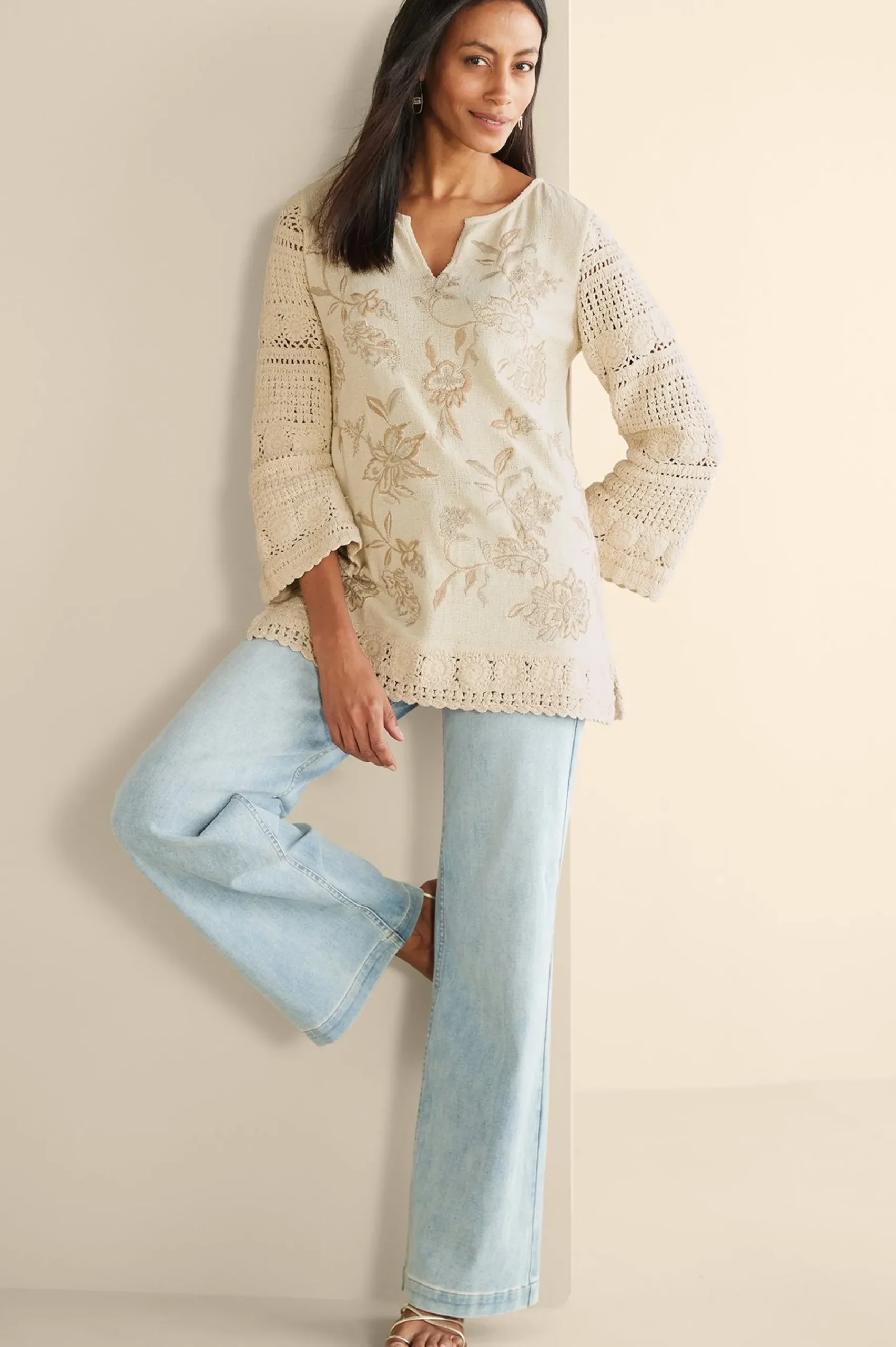 zina_crochet_sweater_1.webp Feminine Flourish | Vacation Shop-Soft Surroundings Zina Crochet Sweater Tan Ecru
