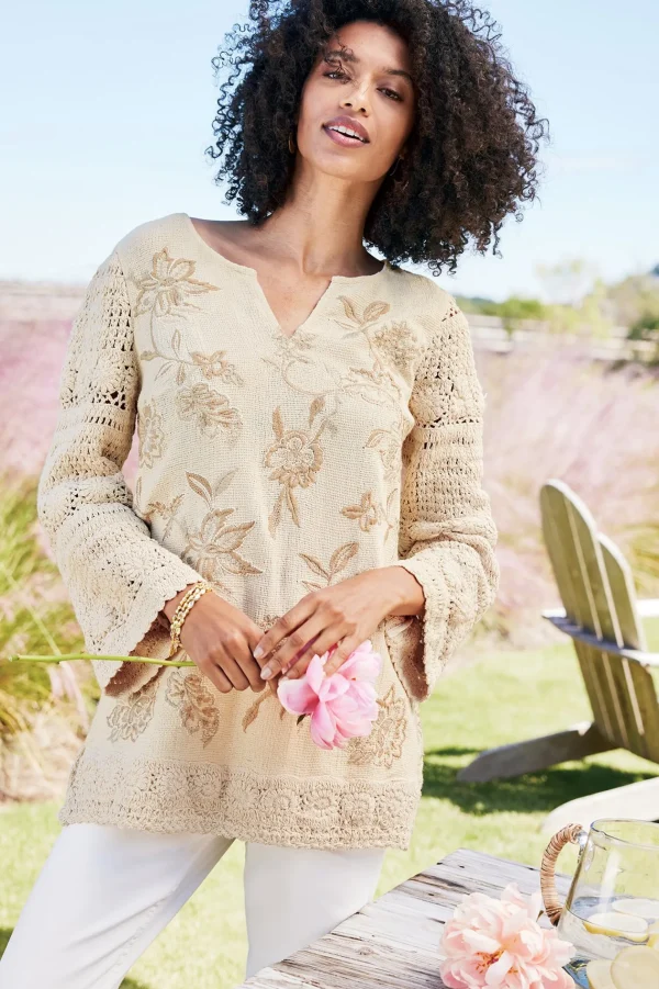 Feminine Flourish | Vacation Shop-Soft Surroundings Zina Crochet Sweater Tan Ecru