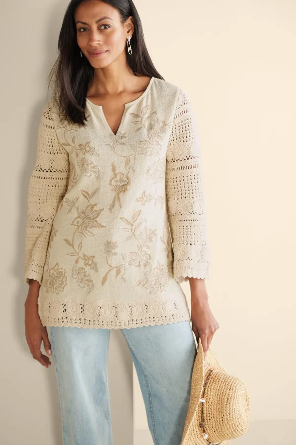 Feminine Flourish | Vacation Shop-Soft Surroundings Zina Crochet Sweater Tan Ecru