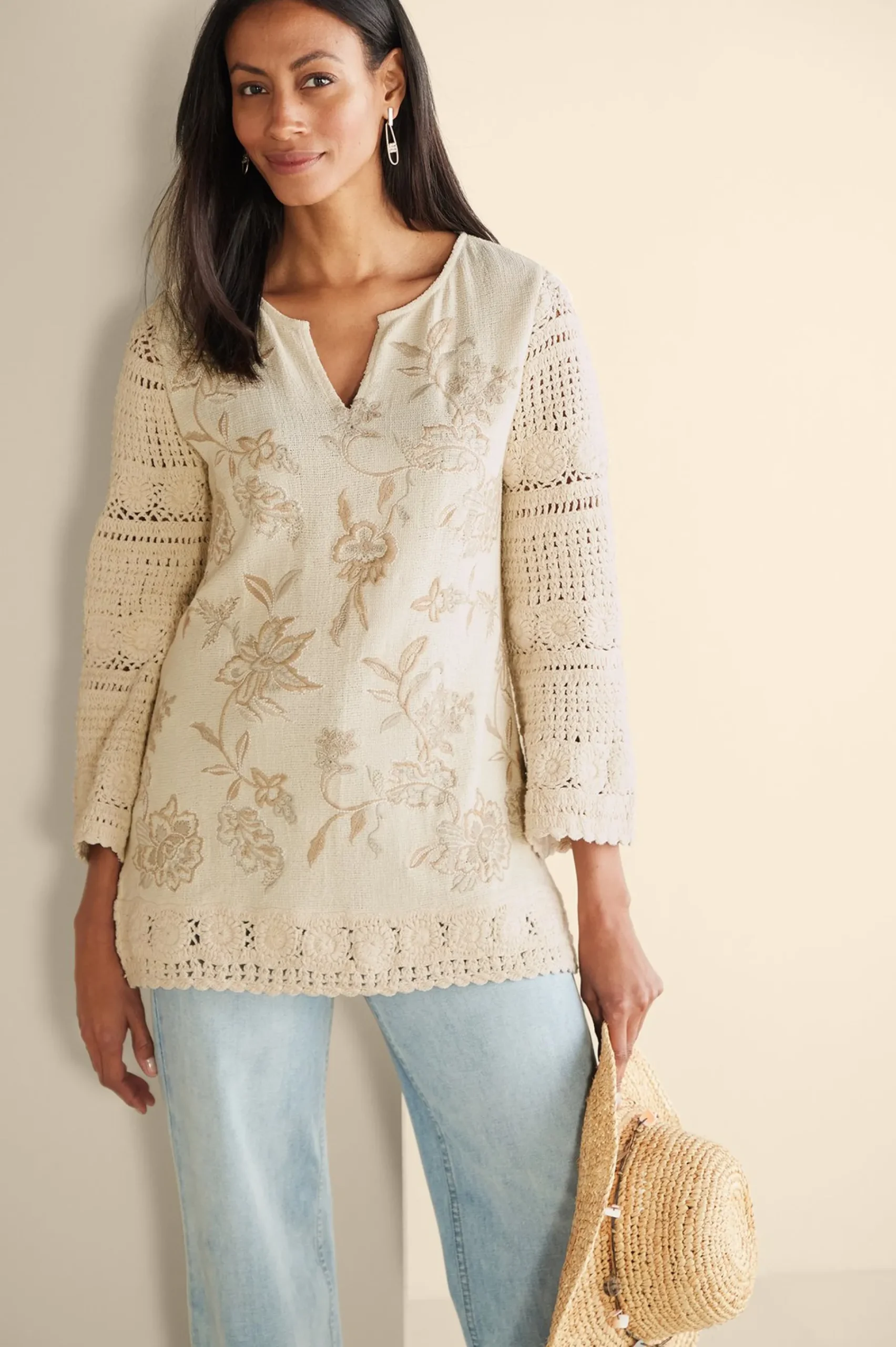zina_crochet_sweater_5.webp Feminine Flourish | Vacation Shop-Soft Surroundings Zina Crochet Sweater Tan Ecru