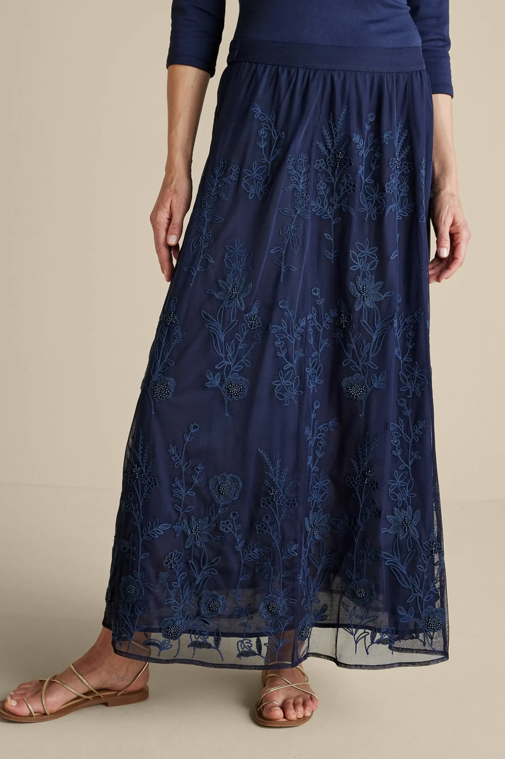 zuri_embroidered_mesh_ski_1.webp Feminine Flourish | Into The Blues-Soft Surroundings Zuri Embroidered Mesh Skirt Navy