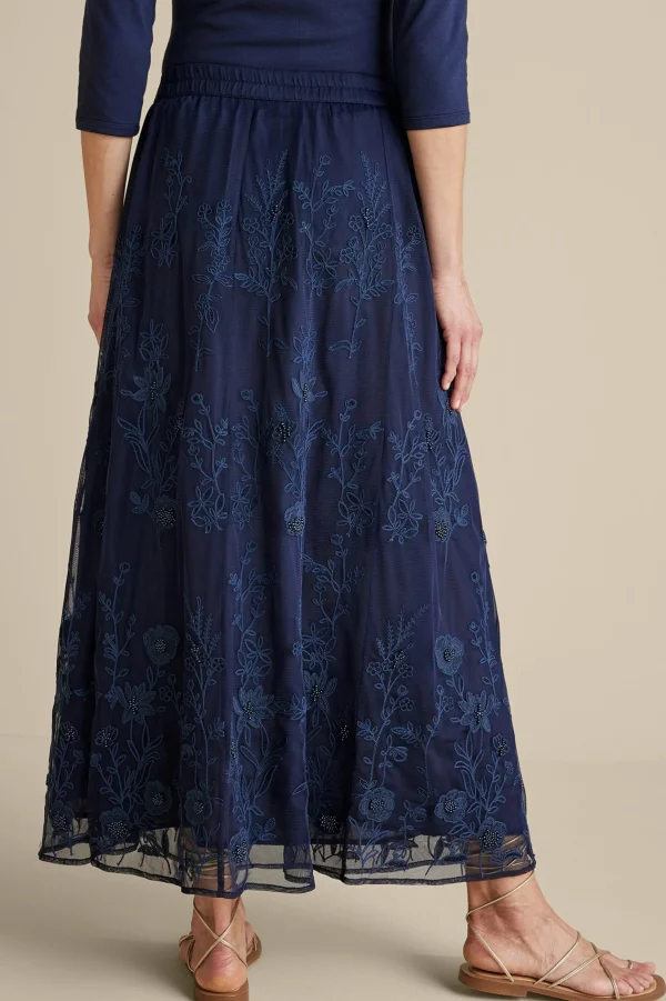 Feminine Flourish | Into The Blues-Soft Surroundings Zuri Embroidered Mesh Skirt Navy