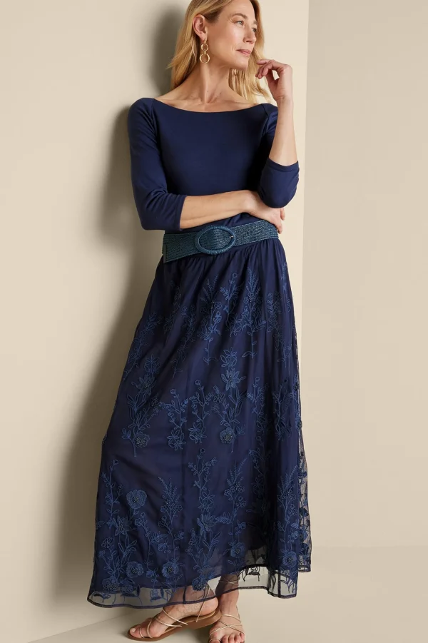 Feminine Flourish | Into The Blues-Soft Surroundings Zuri Embroidered Mesh Skirt Navy